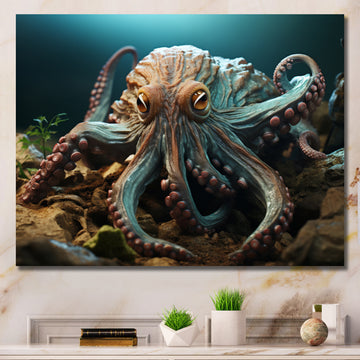 Teal Octopus Lunar Reflections - Octopus Framed Canvas Art